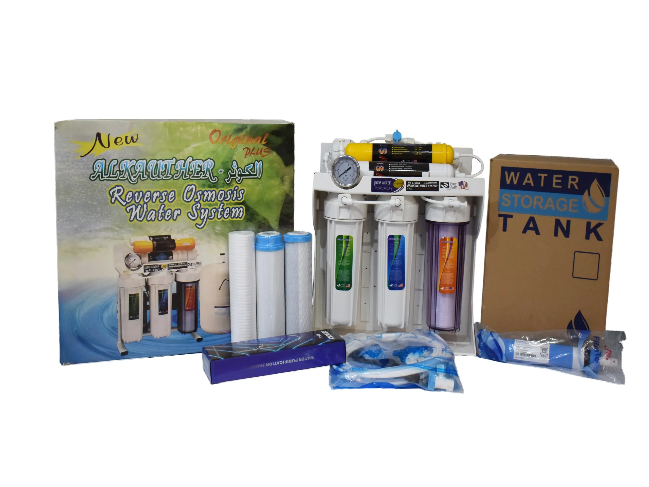 دستگاه تصفیه آب خانگی الکوثر به همراه فیلترها و مخزن ذخیره آب